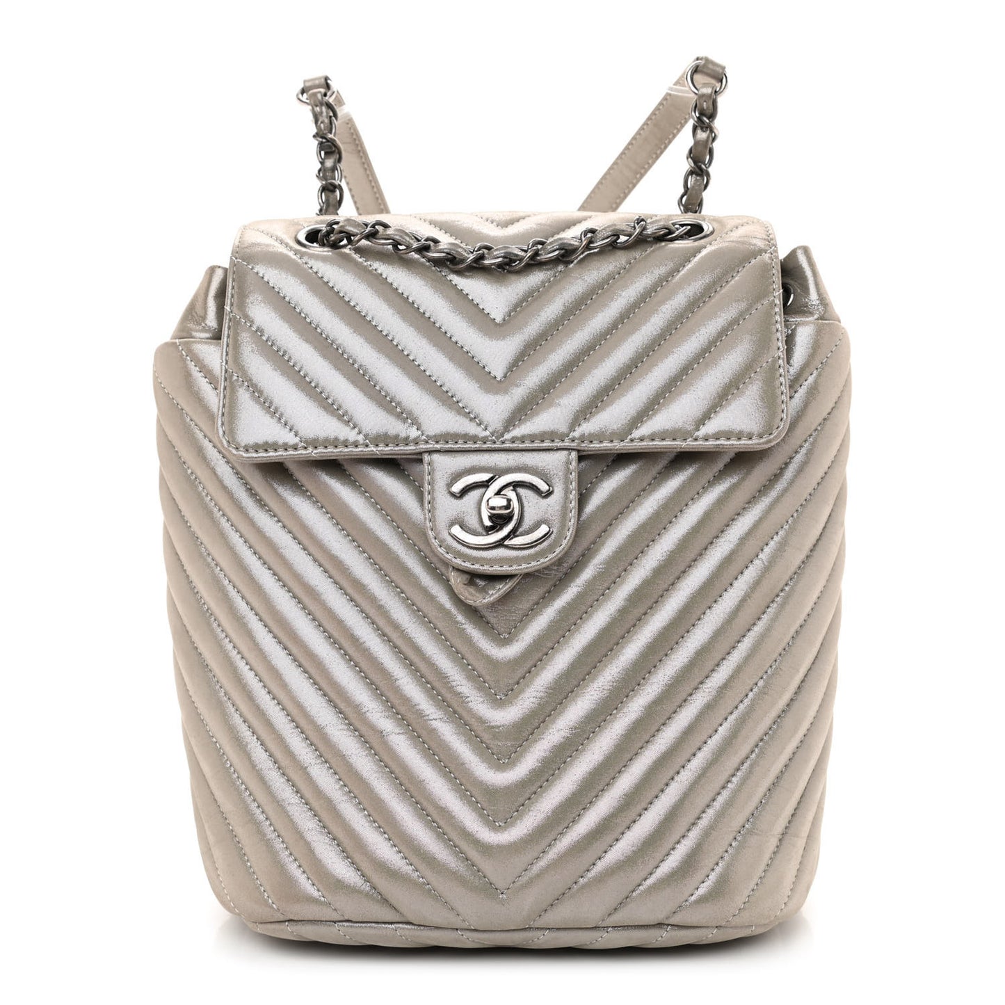 Iridescent Calfskin Chevron Quilted Small Urban Spirit Backpack Silver
