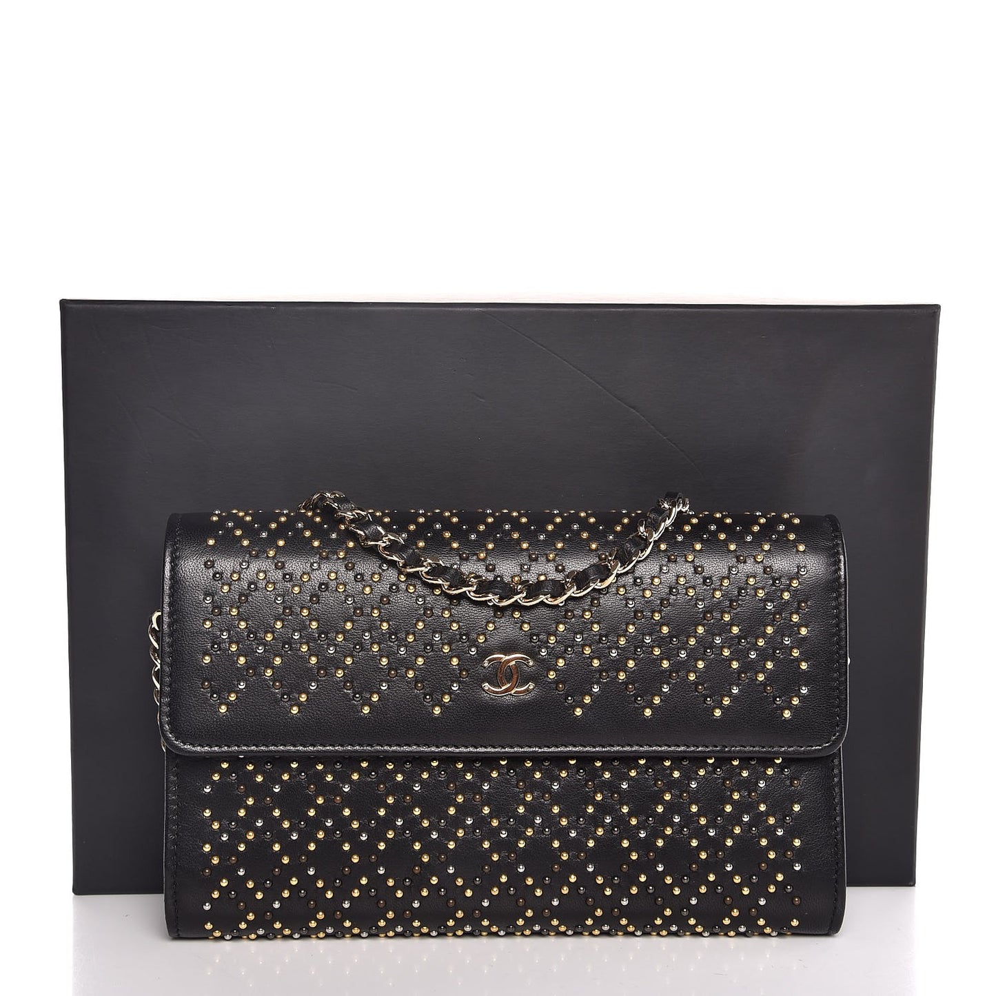 Lambskin Studded Wallet on Removable Chain Black