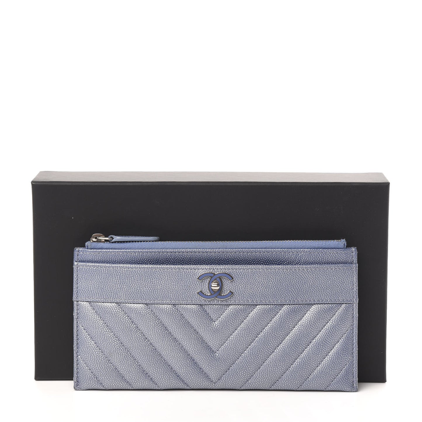 Metallic Caviar Chevron Quilted Mademoiselle Vintage Zip Pouch Blue