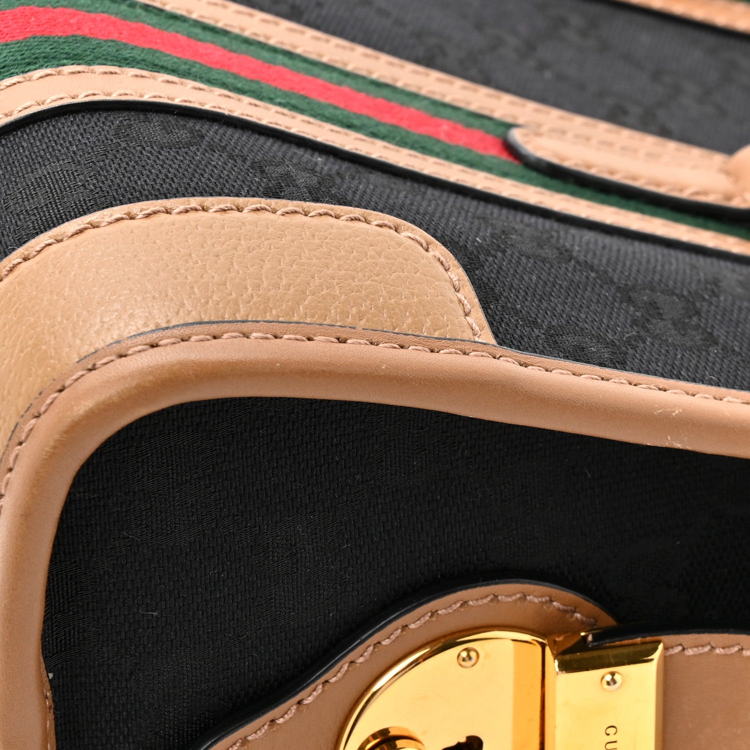 Gucci Monogram Textured Dollar Calfskin Web Small Bauletto Duffle Top Handle Bag Black Koi Beige 14 of 15