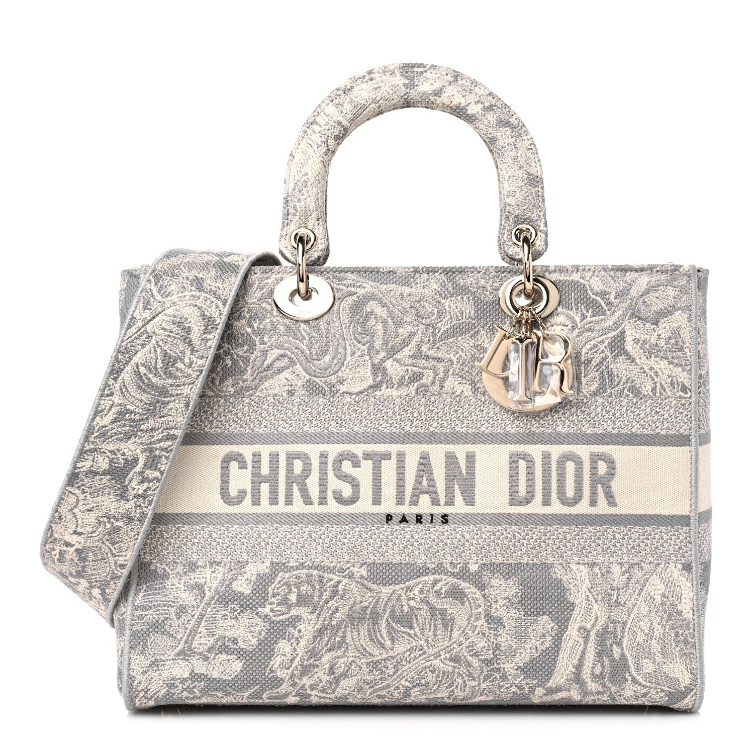 Christian Dior Canvas Toile De Jouy Reverse Embroidered Large Lady D-Lite Grey 1 of 10