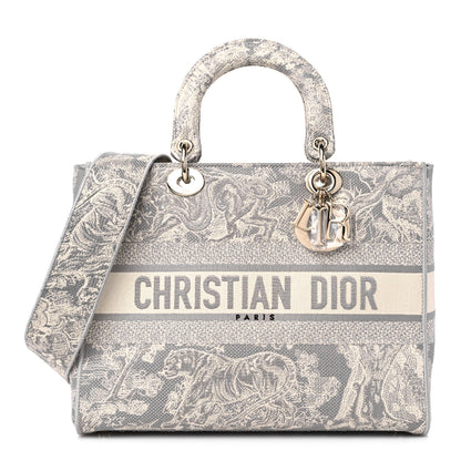 Christian Dior Canvas Toile De Jouy Reverse Embroidered Large Lady D-Lite Grey 1 of 10