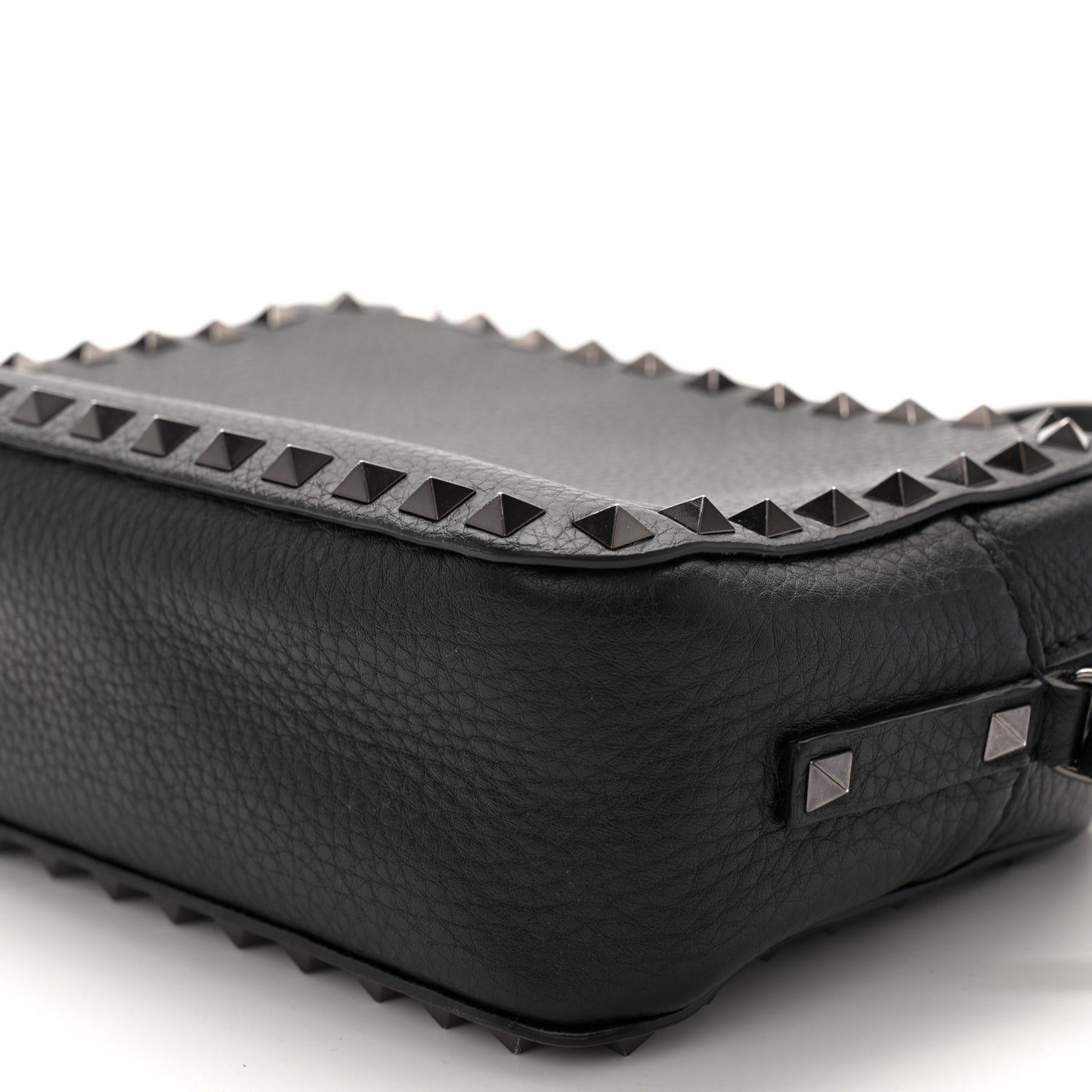 Grained Calfskin Rockstud Camera Crossbody Bag Black