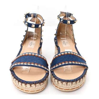 Valentino Garavani Denim Rockstud Ankle Strap Espadrille 55mm Wedge Sandals 38 Light Denim 3 of 9