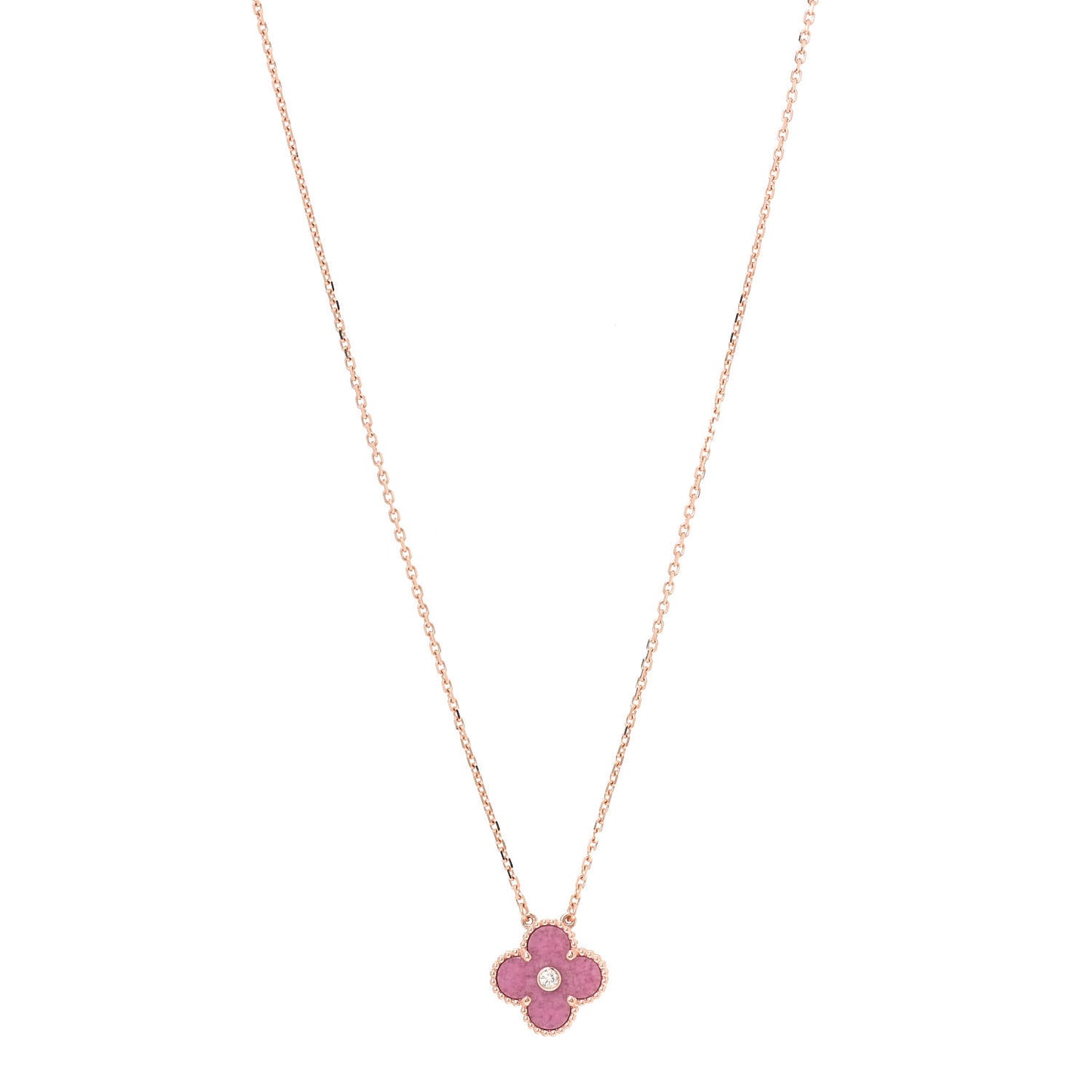 18K Rose Gold Diamond Rhodonite Vintage Alhambra Pendant Necklace