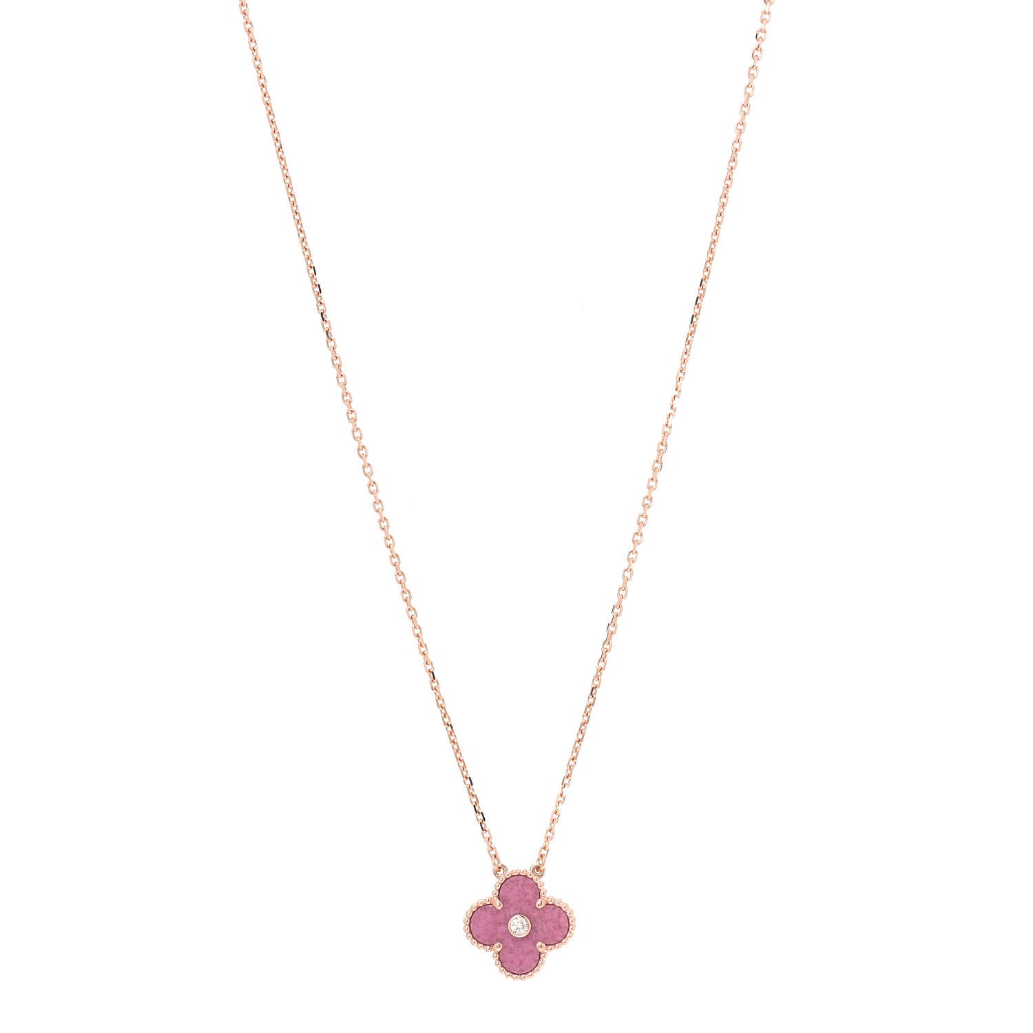 Van Cleef & Arpels 18K Rose Gold Diamond Rhodonite Vintage Alhambra Pendant Necklace 1 of 7