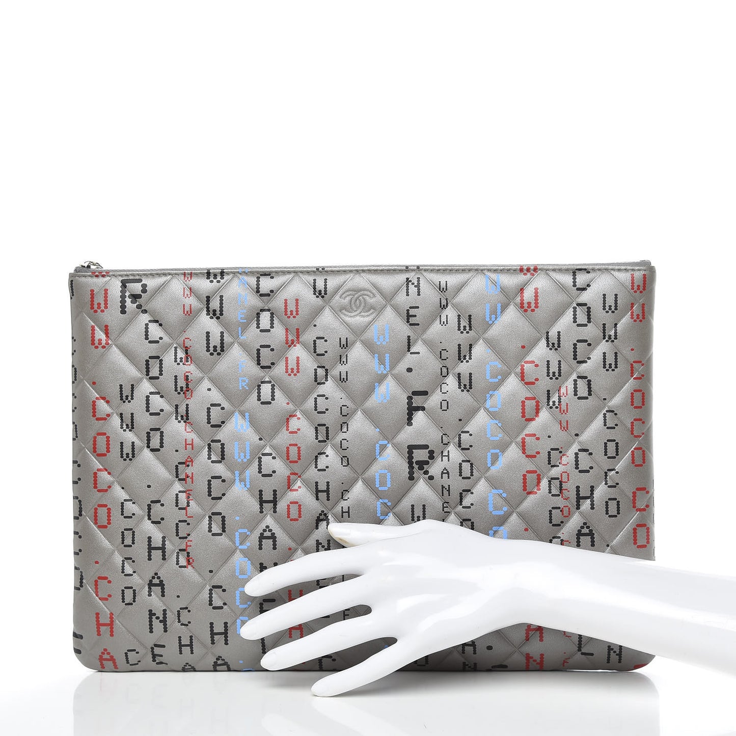Metallic Lambskin Quilted Large Data Center Cosmetic Case Silver