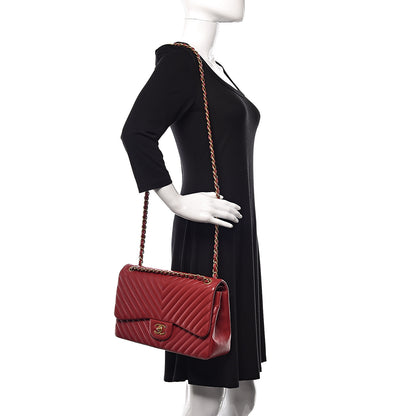 Chanel Lambskin Chevron Quilted Jumbo Double Flap Dark Red 2 of 16