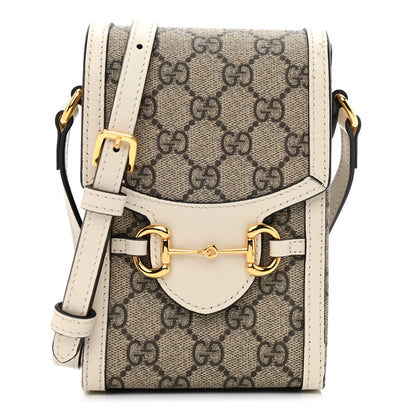 Gucci GG Supreme Monogram Azalea Calfskin Mini Horsebit 1955 Crossbody Bag Beige Ebony Mystic White 1 of 10