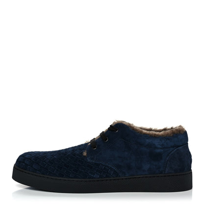 Bottega Veneta Suede Shearling Intrecciato Lace Up Sneakers 44.5 Navy 1 of 7