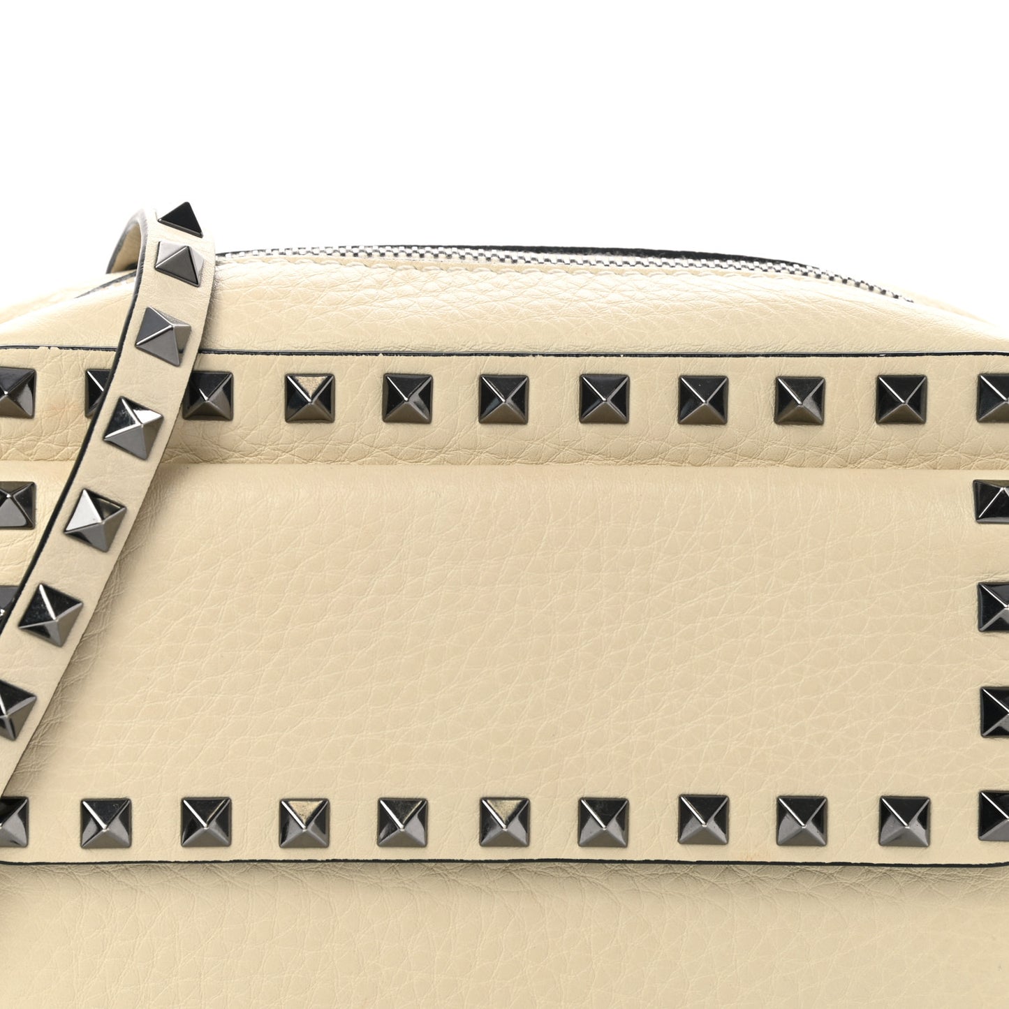 Grained Calfskin Small Rockstud Flap Pocket Camera Crossbody Bag Ivory