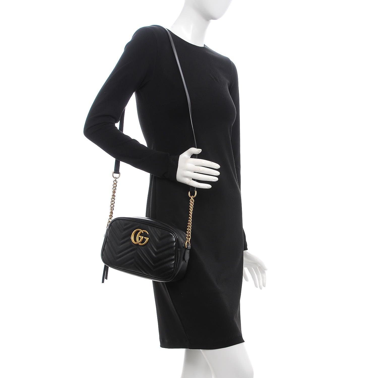 Gucci Calfskin Matelasse Small GG Marmont Chain Shoulder Bag Black 3 of 13