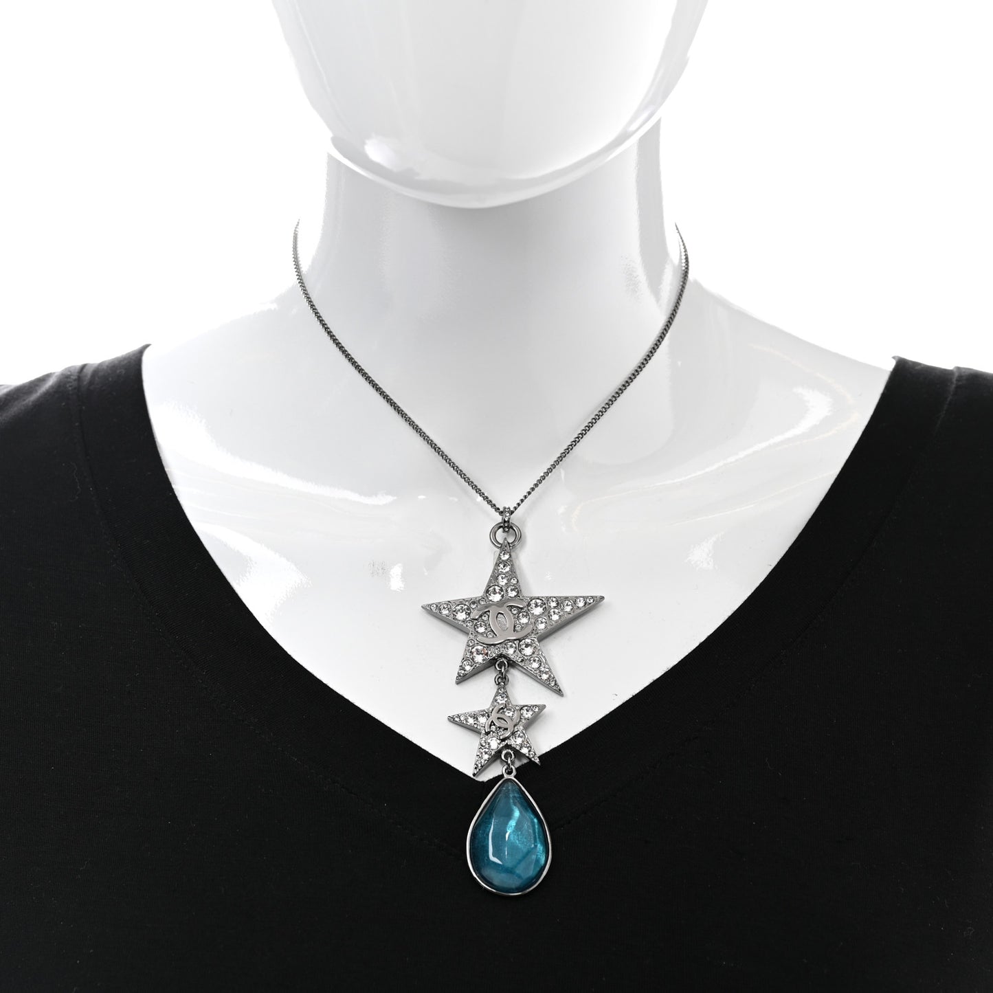 Crystal Resin CC Star Drop Necklace Silver Blue