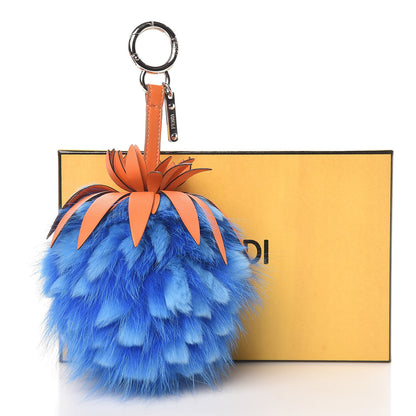 Fendi Fox Rabbit Fur Nappa Pineapple Bag Charm Royal Blue Papaya 4 of 4