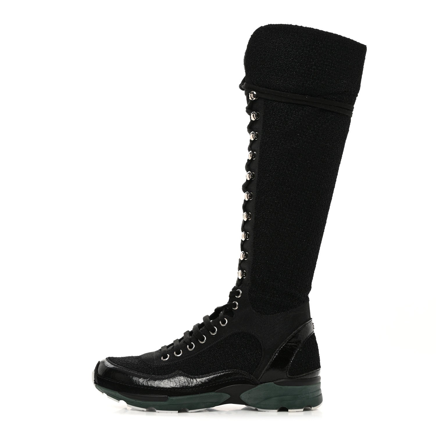 Chanel Tweed Patent Calfskin Sneaker High Boots 37.5 Black 1 of 8