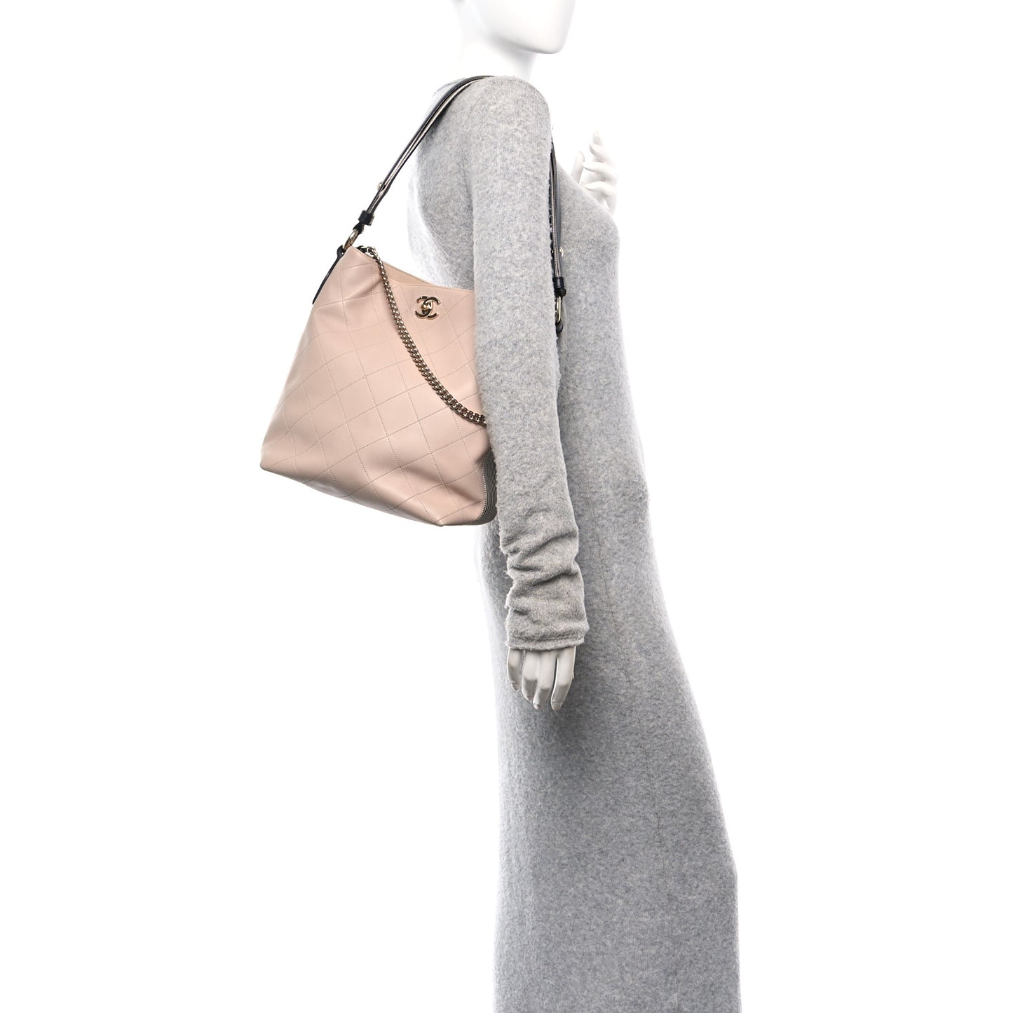 Calfskin Stitched Large Stripe Hobo Beige Black