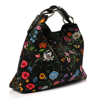 Gucci Canvas Flora Floral Large Horsebit Chain Hobo Black 3 of 10