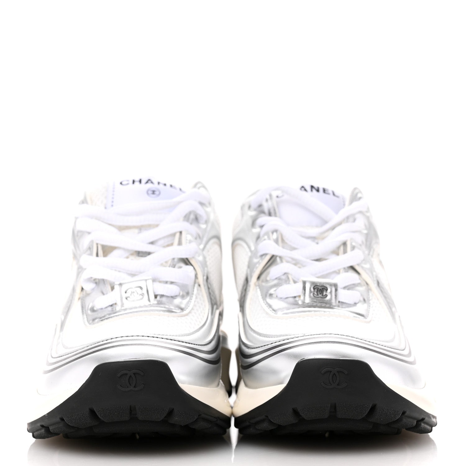 Chanel Fabric Laminated Calfskin Stretch CC Womens Sneakers 37 White Silver 3 of 10