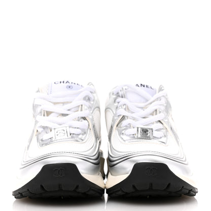 Chanel Fabric Laminated Calfskin Stretch CC Womens Sneakers 37 White Silver 3 of 10