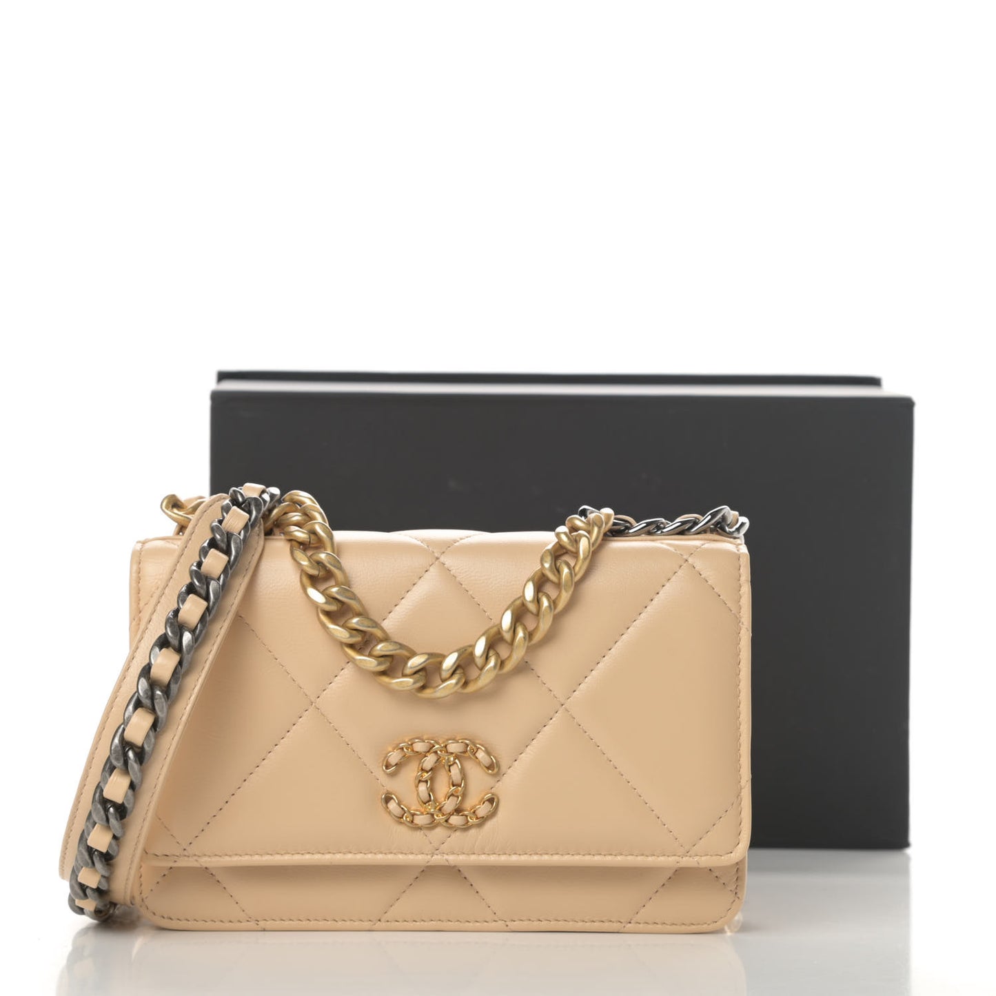 Lambskin Quilted Chanel 19 Wallet On Chain WOC Beige