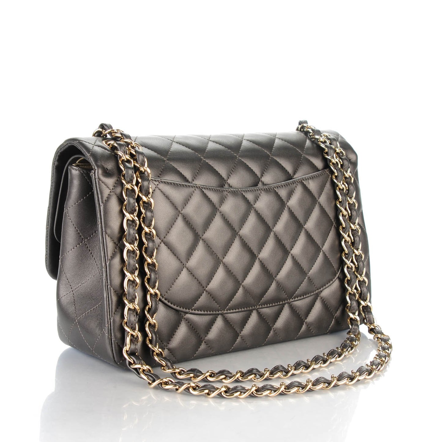 Metallic Lambskin Quilted Jumbo Double Flap Dark Grey