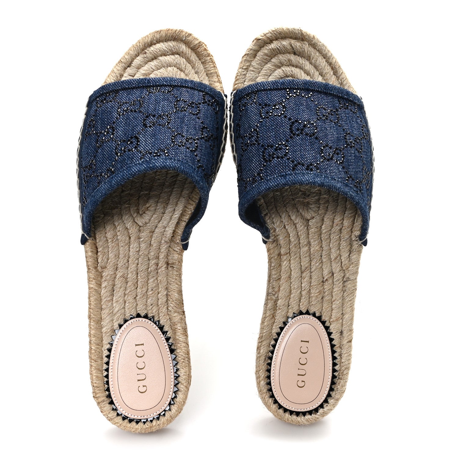 Gucci Denim Crystals GG Monogram Espadrille 20mm Slide Sandals 39