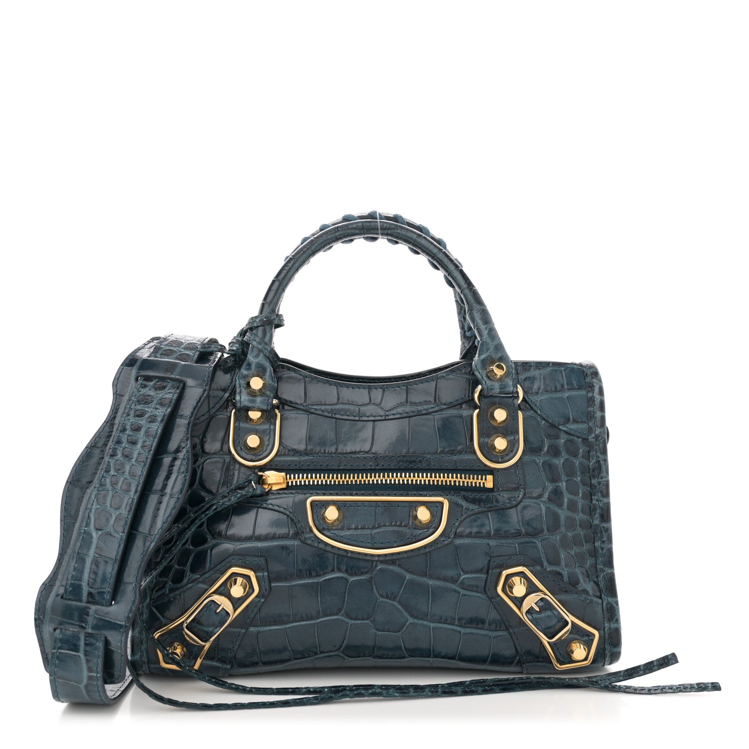 Balenciaga Shiny Supple Calfskin Crocodile Embossed Gold Metallic Edge Hardware Mini City Bleu Marine 1 of 11