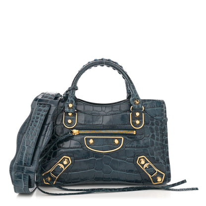 Balenciaga Shiny Supple Calfskin Crocodile Embossed Gold Metallic Edge Hardware Mini City Bleu Marine 1 of 11