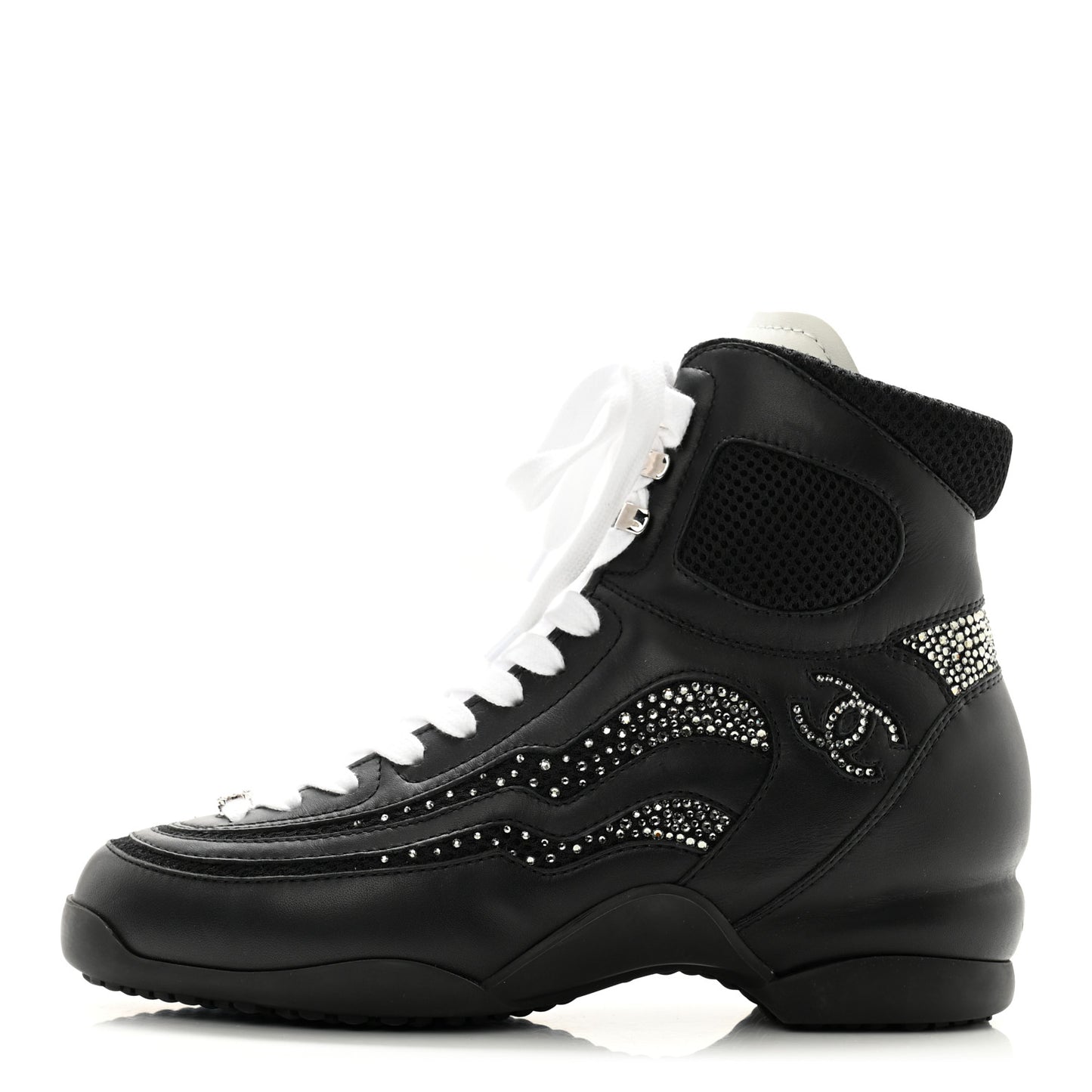 Calfskin Mesh Strass Womens CC Sneakers 38 Black Silver