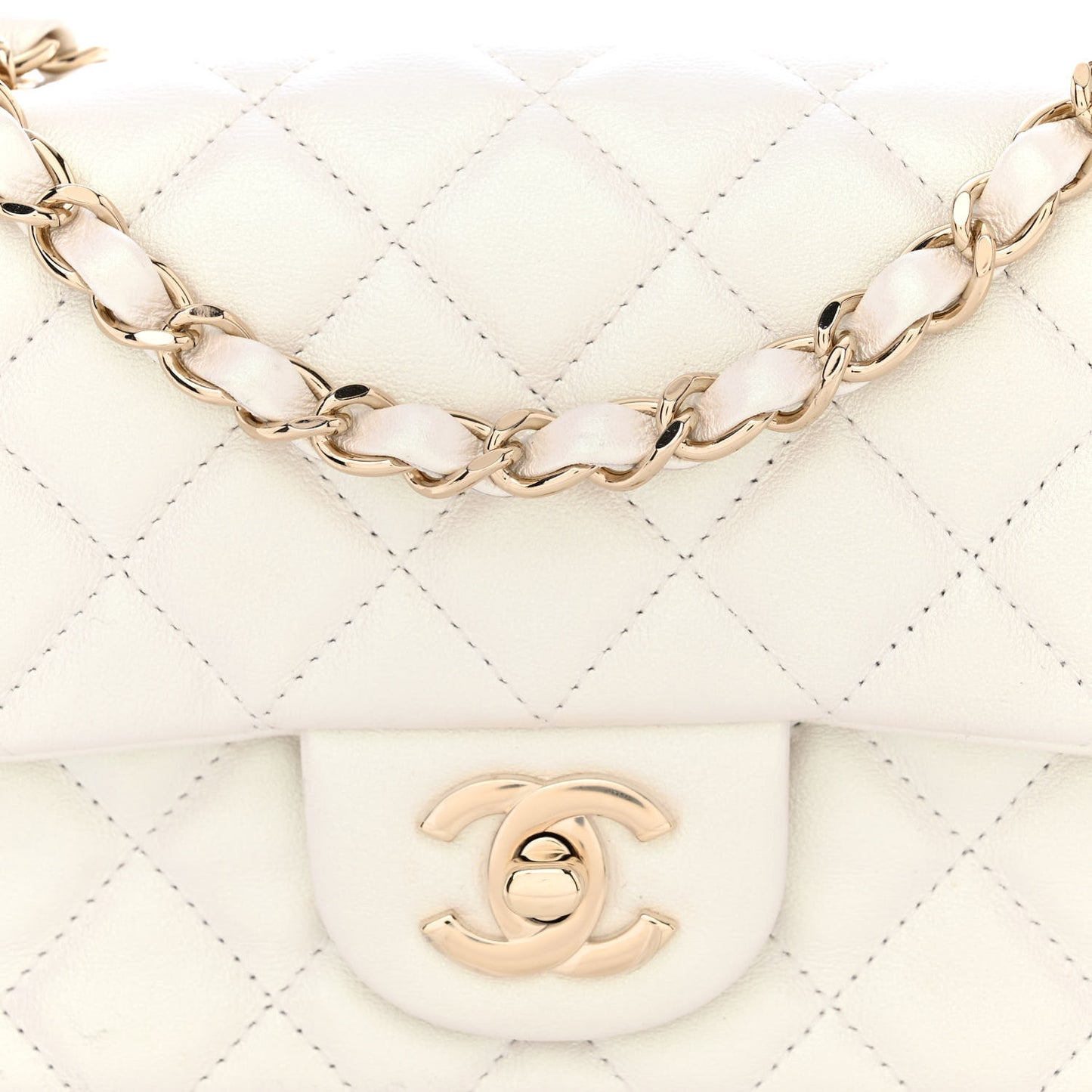 Iridescent Calfskin Quilted Mini Rectangular Flap White