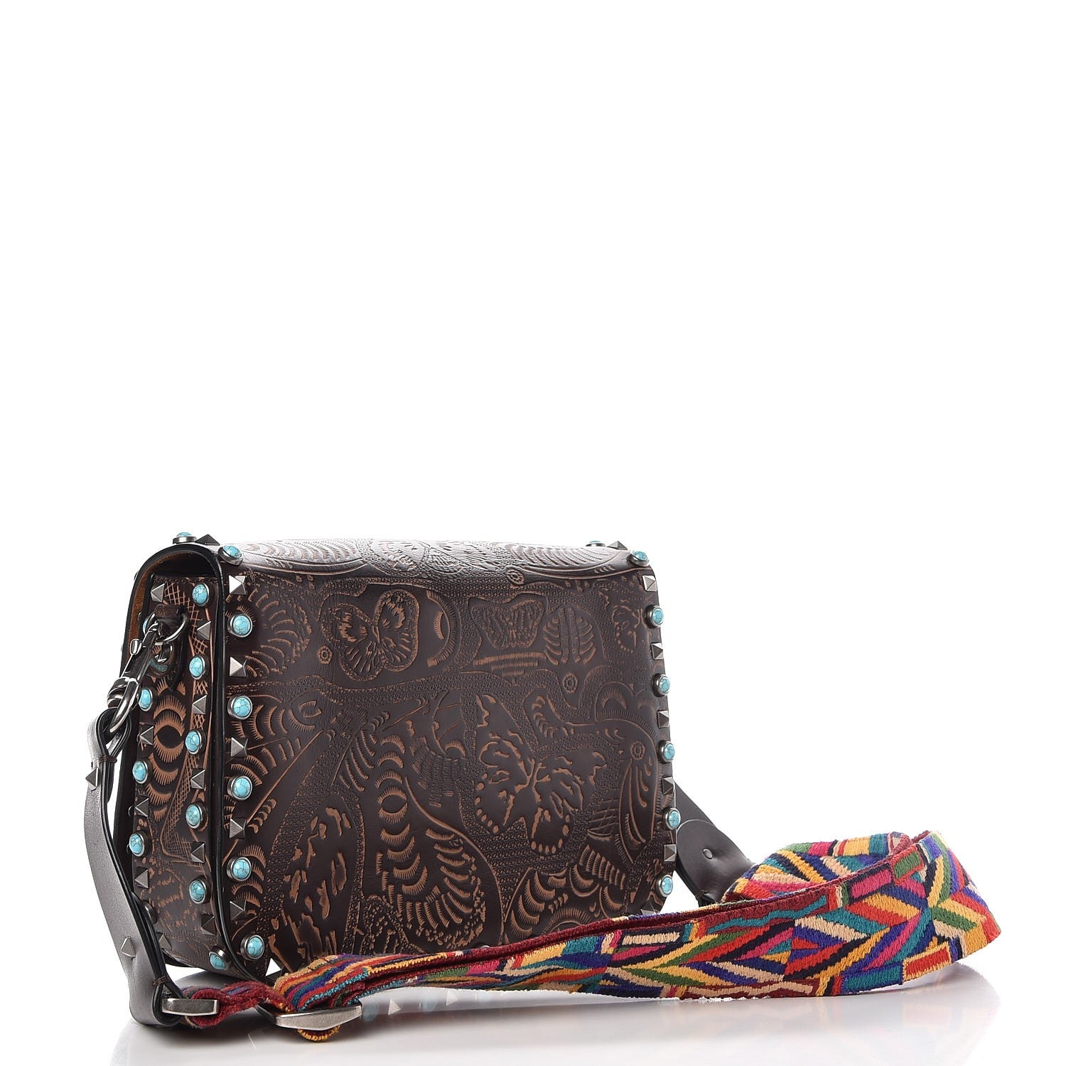 Valentino Garavani Calfskin Embossed Medium Guitar Strap Rockstud Rolling Flap Saddle Bag Brown 3 of 8