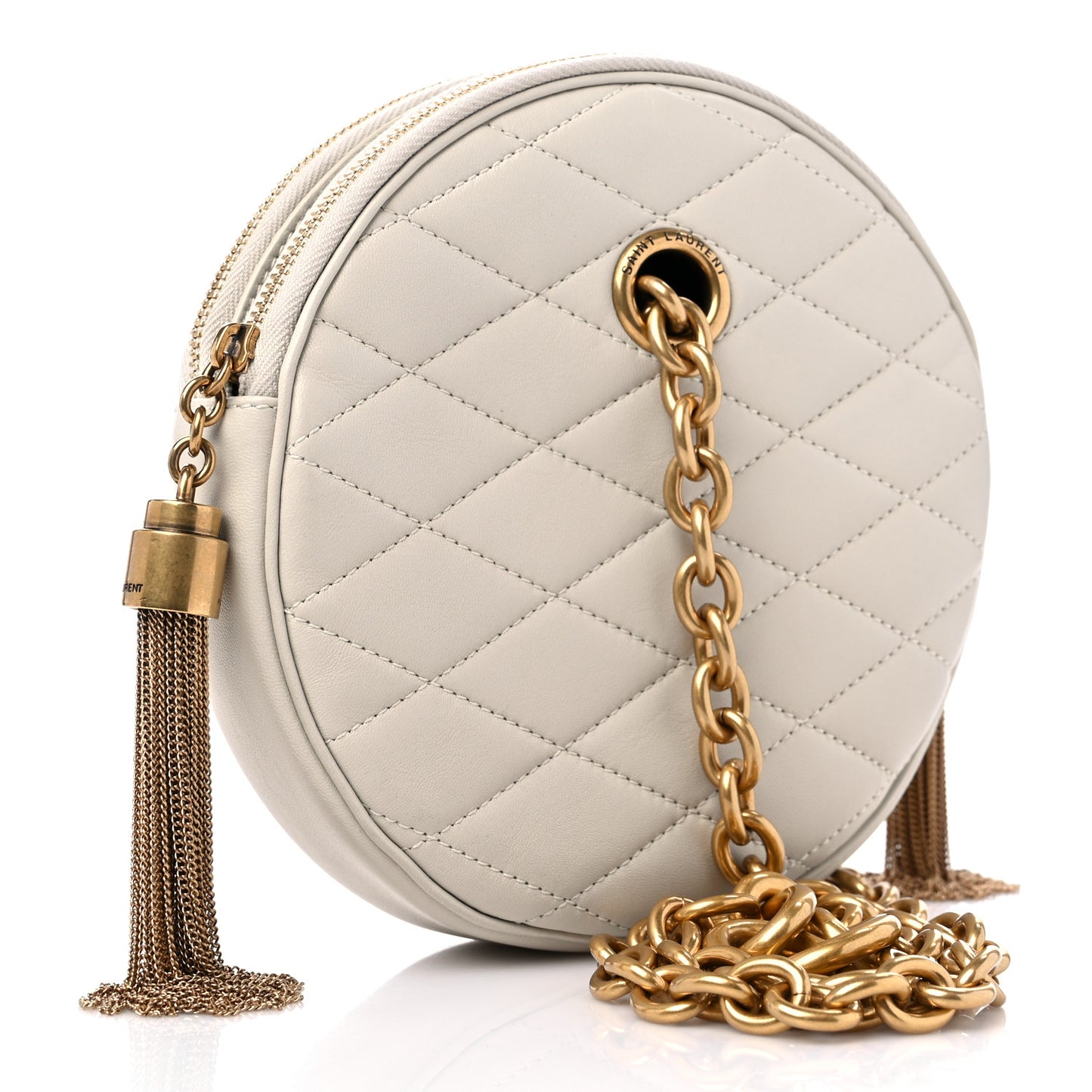 Lambskin Quilted Round Le Maillon Round Tassel Chain Crossbody Bag Crema Soft