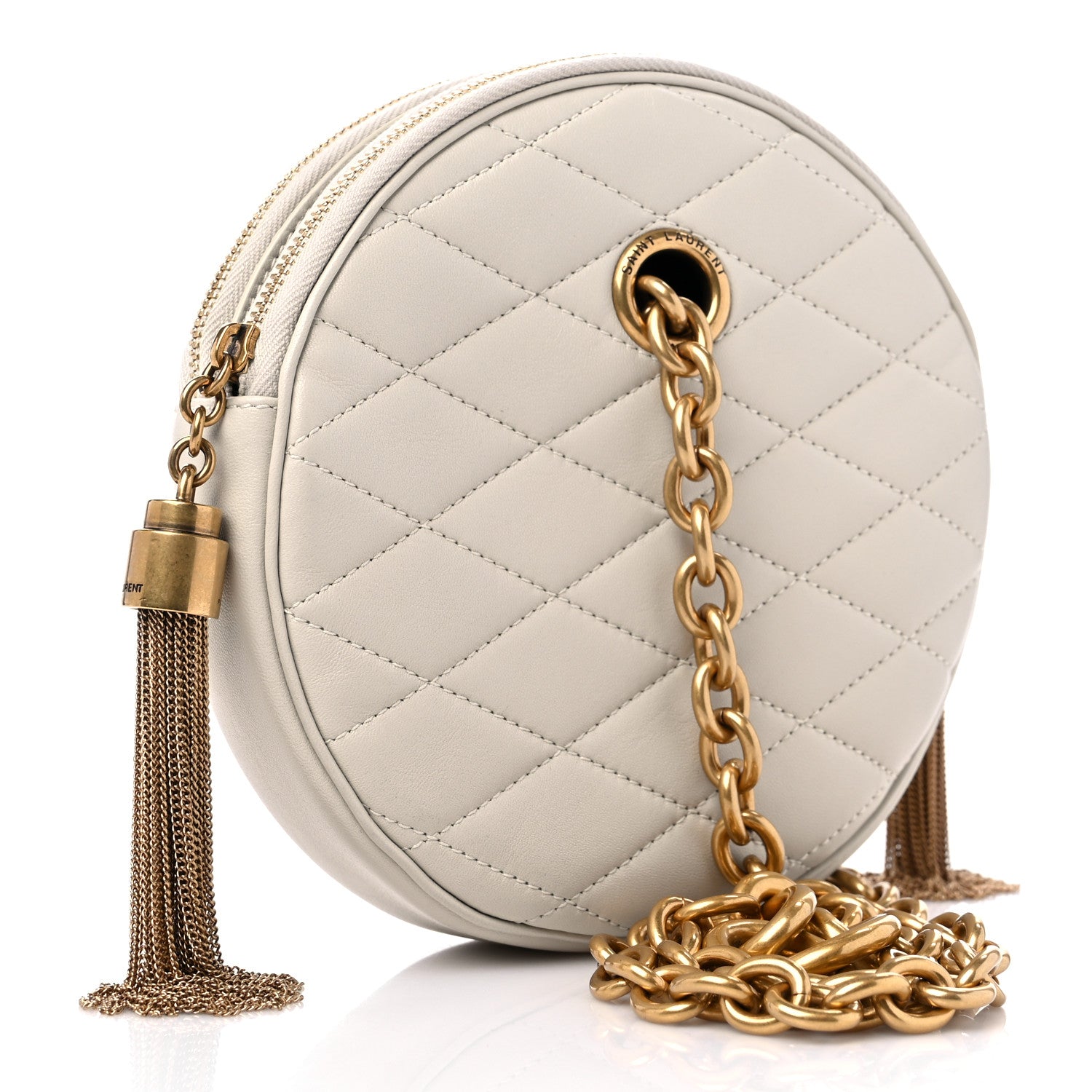 Saint Laurent Lambskin Quilted Round Le Maillon Round Tassel Chain Crossbody Bag Crema Soft 3 of 11
