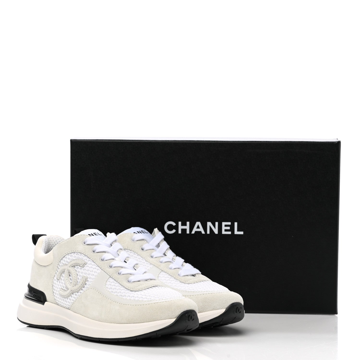 Chanel Calfskin Mesh Lycra Suede Womens Logo Sneakers 37 White 14 of 17