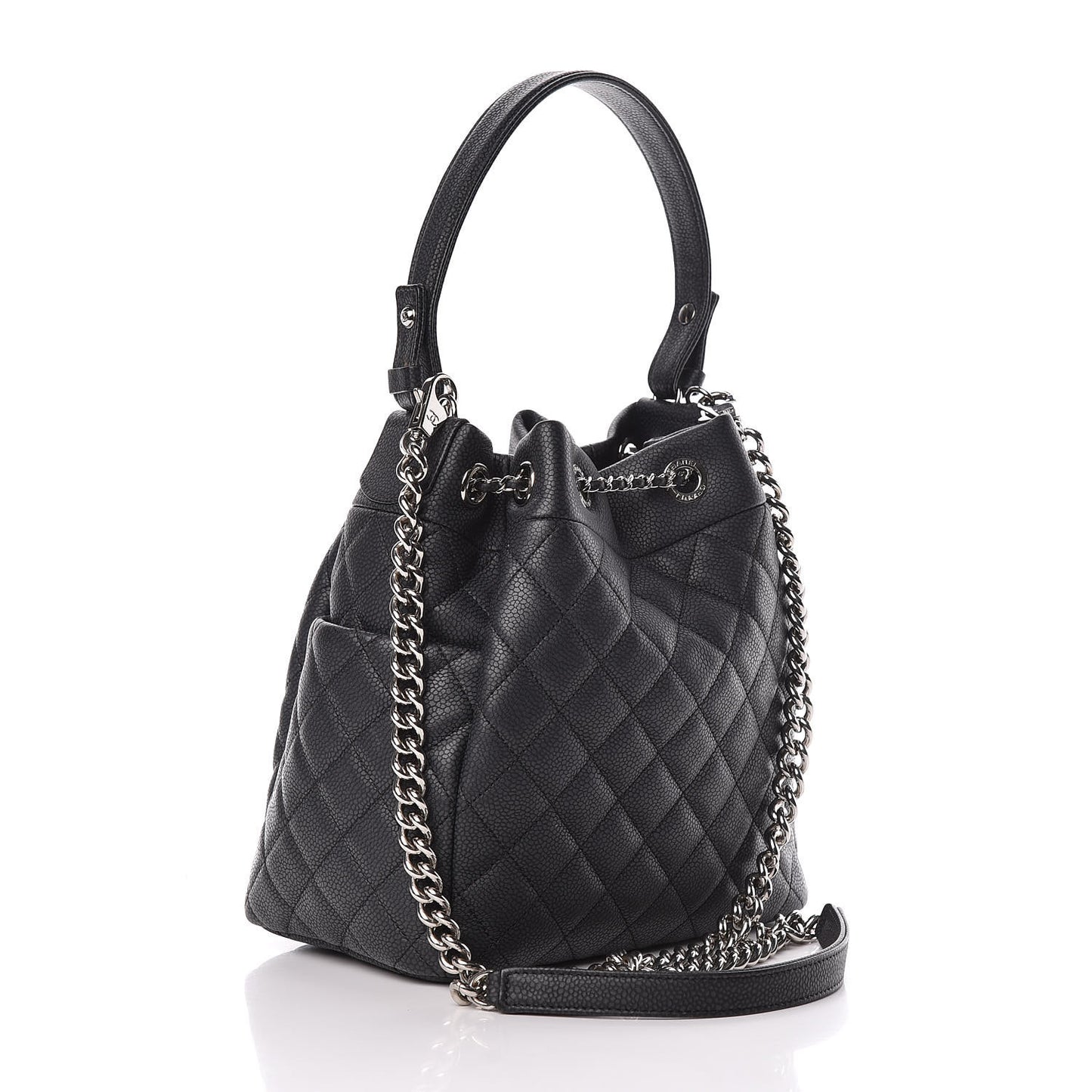 Caviar Flat Quilted CC Chain Bucket Drawstring Bag Black