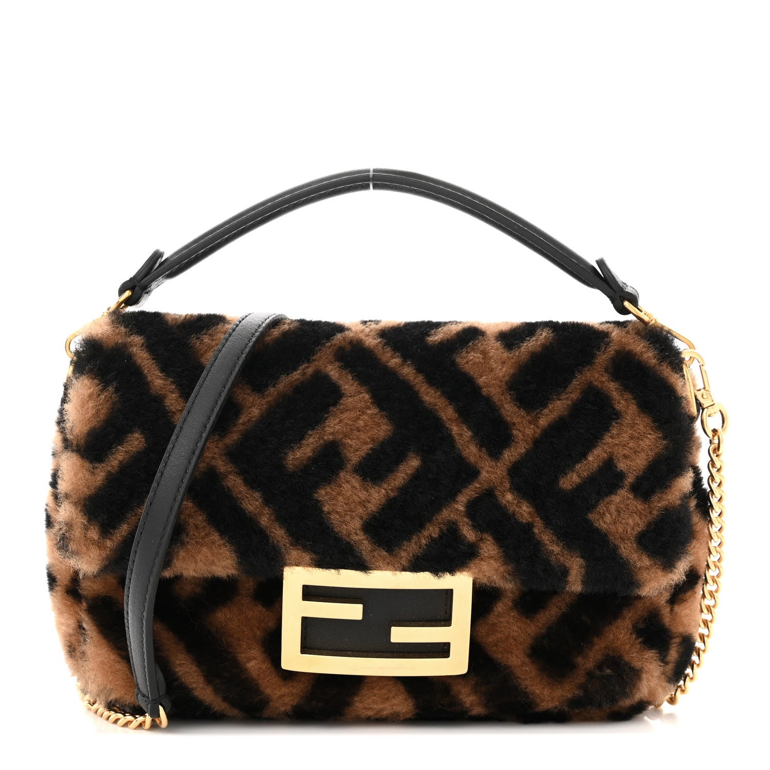 Fendi Shearling Vitello Dolce Macro FF 1974 Mini Baguette Tobacco Black 1 of 10