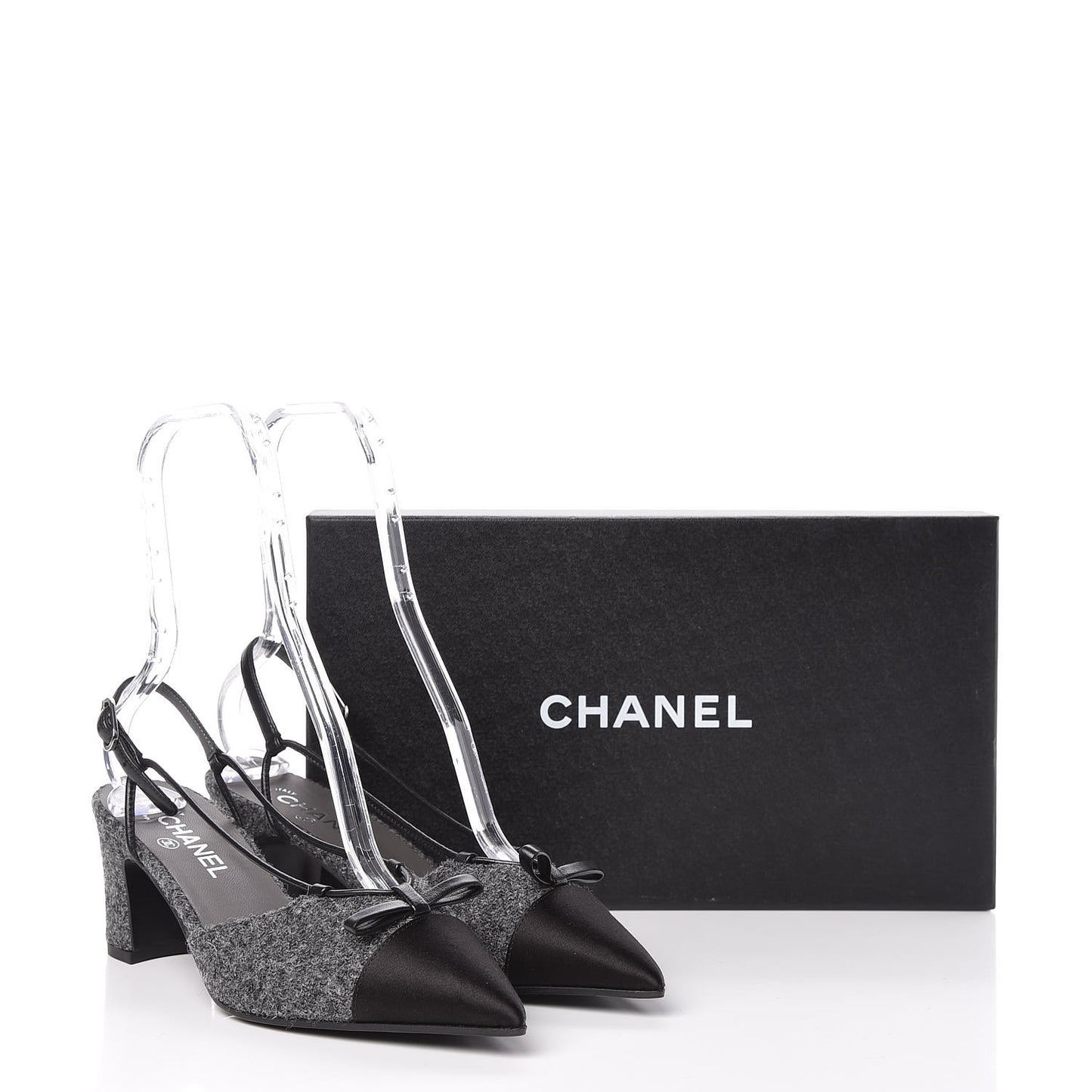 Tweed Satin Cap Toe CC Slingback Pumps 40 Black Grey
