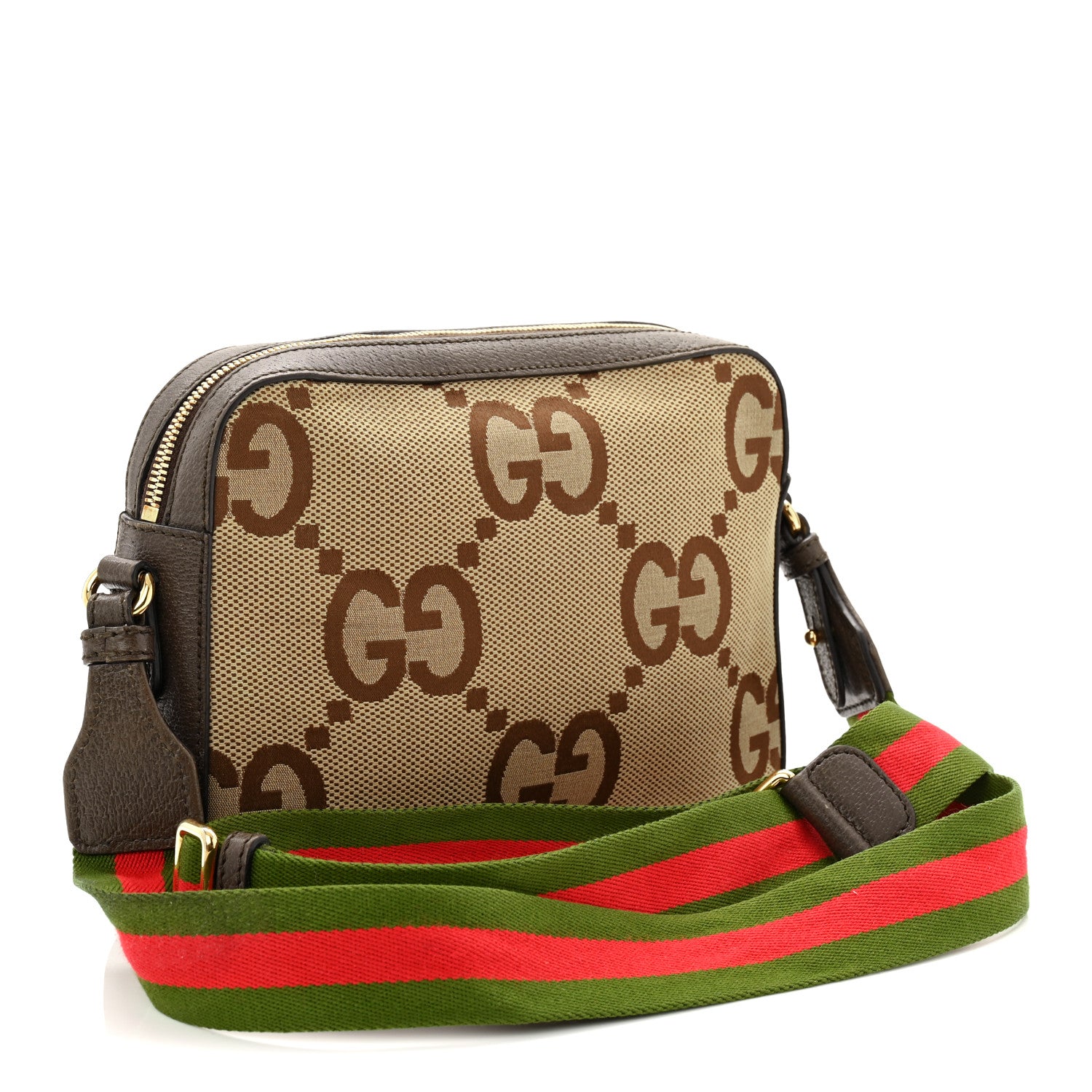 Gucci Monogram Jumbo GG Textured Dollar Calfskin Web Messenger Shoulder Bag Camel Ebony New Acero 3 of 14
