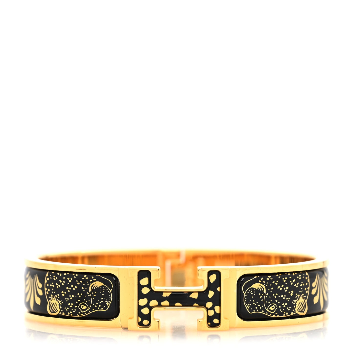 Enamel Printed Narrow Leopards Clic Clac H Bracelet PM Jaune Or Black