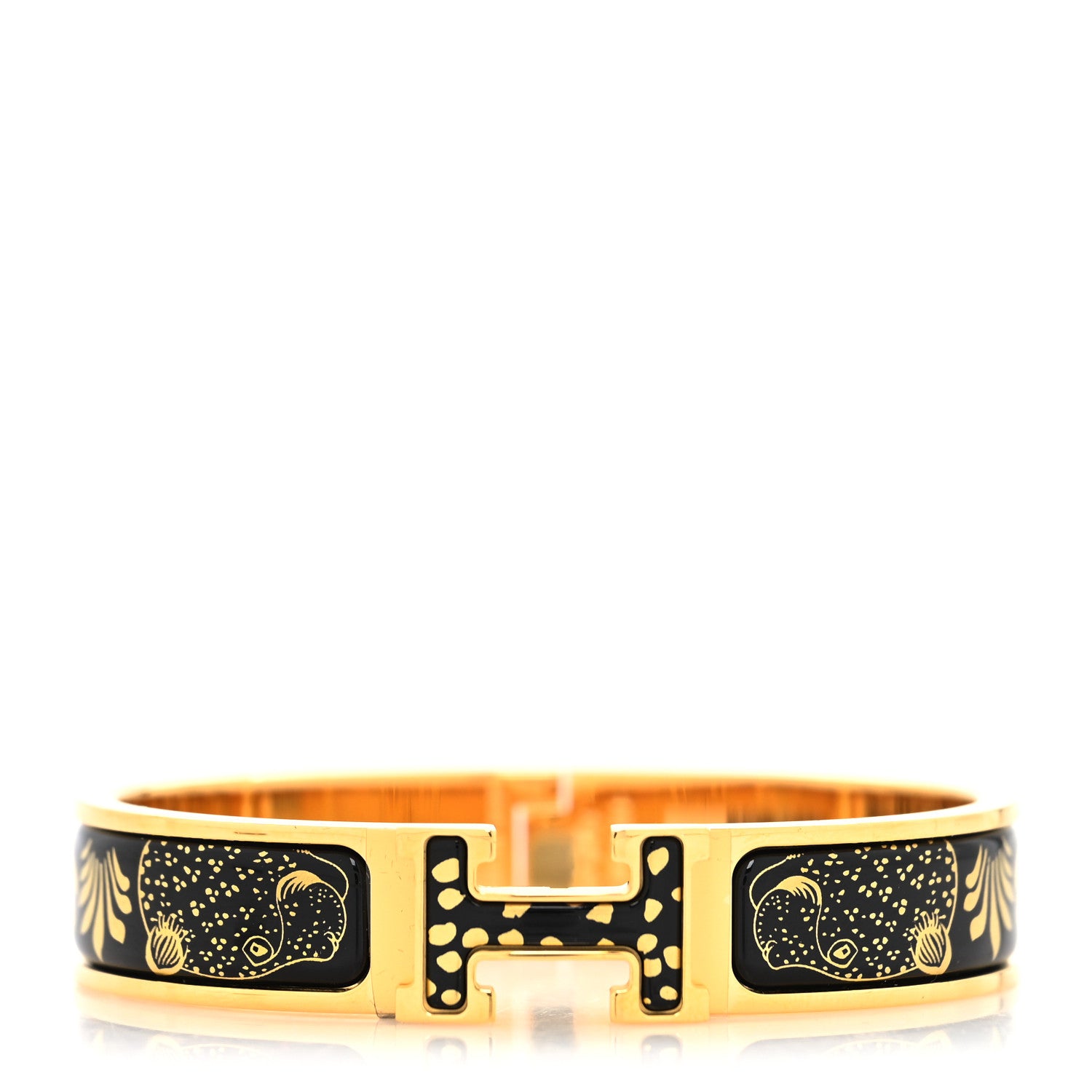 Hermes Enamel Printed Narrow Leopards Clic Clac H Bracelet PM Jaune Or Black 1 of 5