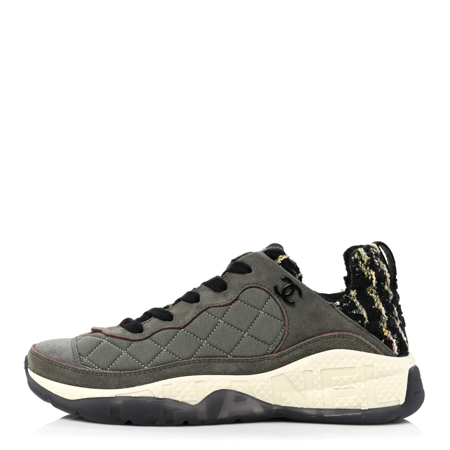 Tweed Suede Calfskin Grained Calfskin Womens CC Sneakers 38 Black Grey Dark Grey