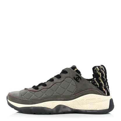 Chanel Tweed Suede Calfskin Grained Calfskin Womens CC Sneakers 38 Black Grey Dark Grey 1 of 9
