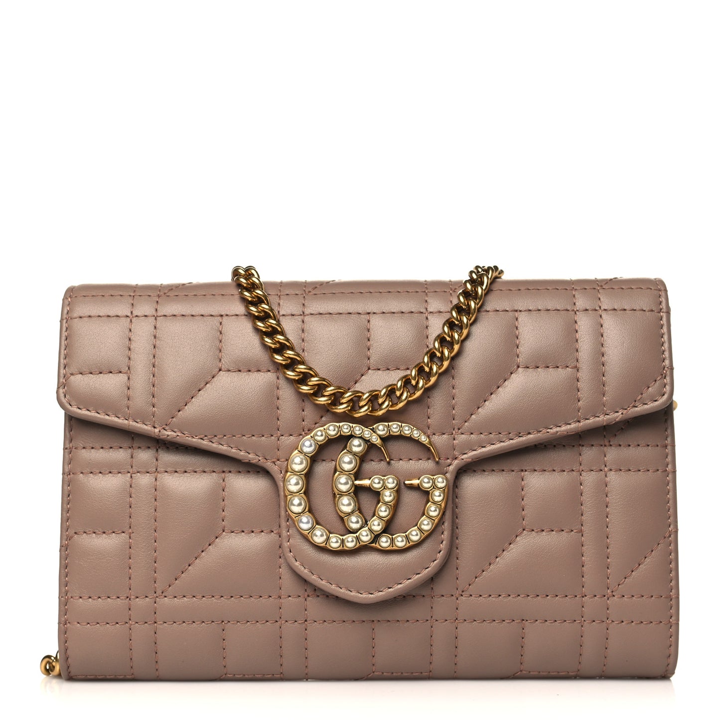 Calfskin Matelasse Mini Pearly GG Marmont Chain Wallet Porcelain Rose