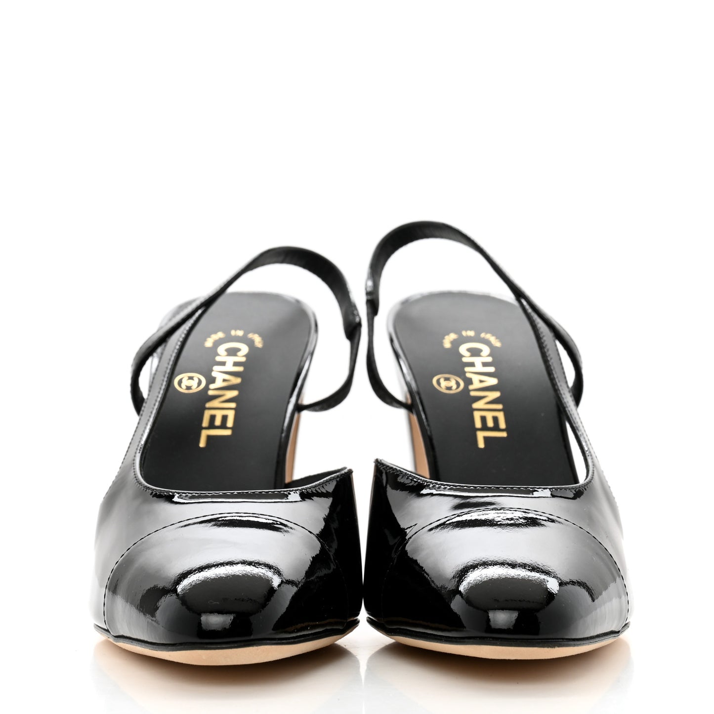 Patent Calfskin Cap Toe CC Slingback Pumps 39.5 Black