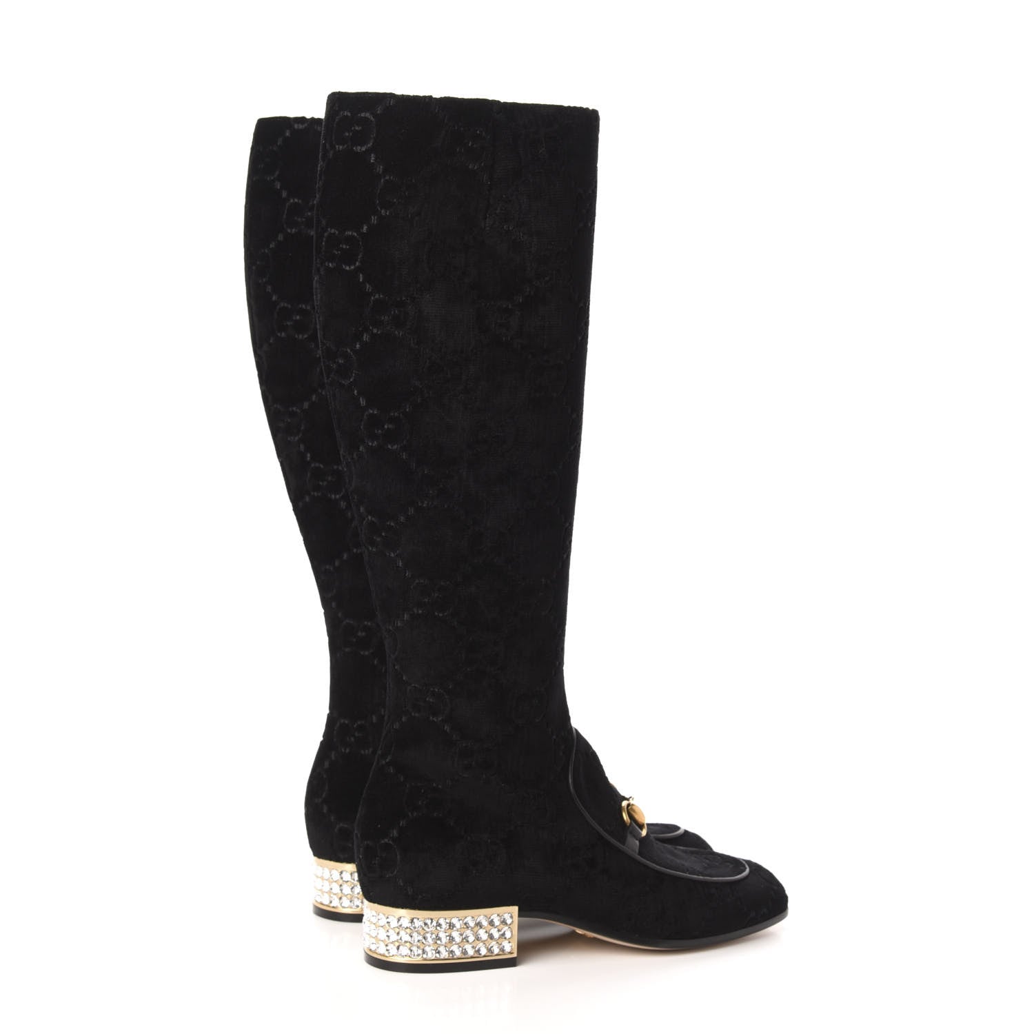 Gucci Velvet GG Monogram Crystal Horsebit Knee High Boots 36 Black 5 of 8