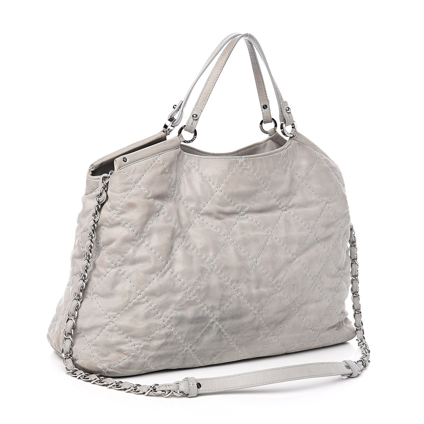 Iridescent Calfskin Diamond Stitched CC Shopping Tote Gris Clair