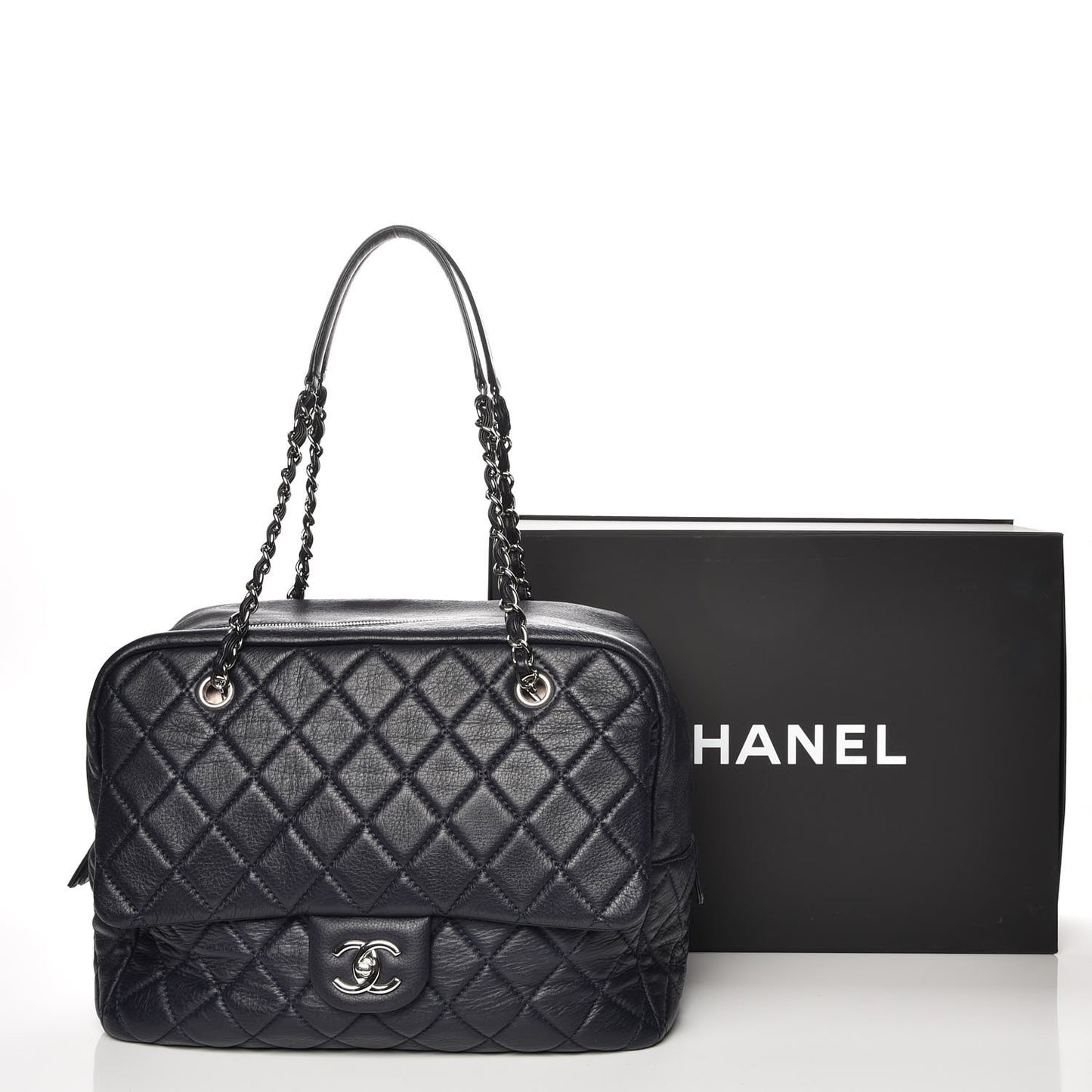 Washed Lambskin Quilted Travel Flap Tote Navy