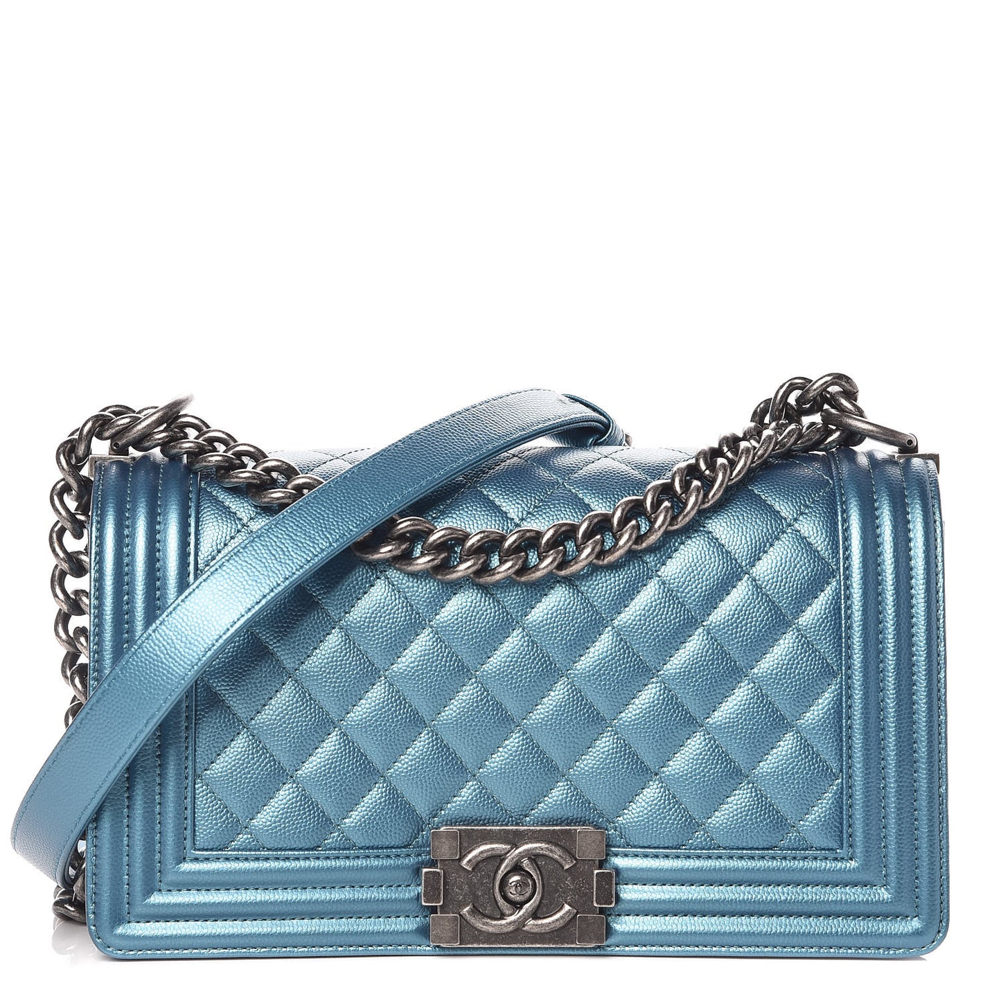 Metallic Caviar Quilted Medium Boy Flap Turquoise