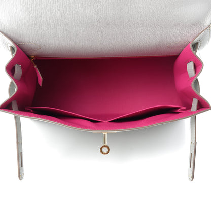 Hermes Chevre Mysore Horseshoe Kelly Sellier 28 Gris Perle Rose Shocking 5 of 16