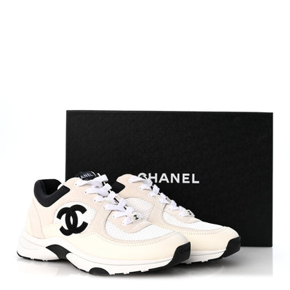 Chanel Mesh Suede Calfskin Grained Calfskin Womens CC Sneakers 37.5 White Black 10 of 10